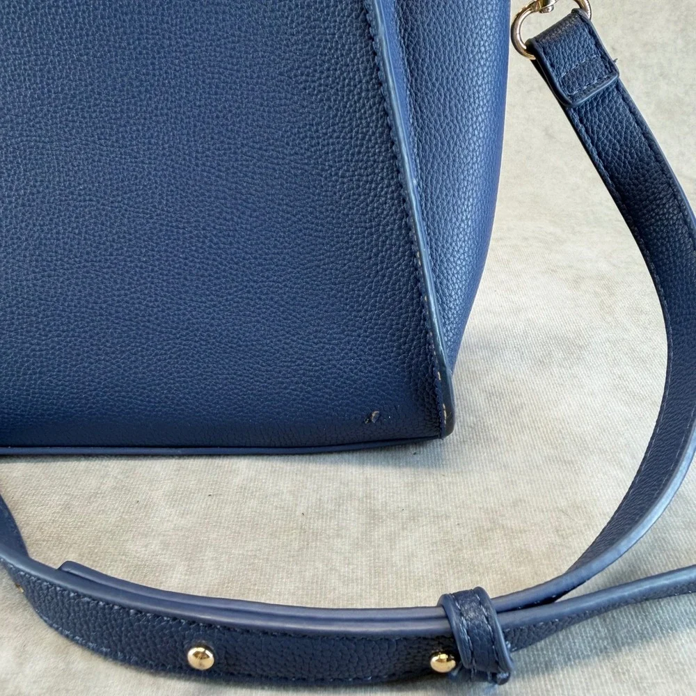 Fable England Satchel Handbag Women Medium Navy Blue Bee Charm Vegan Leather